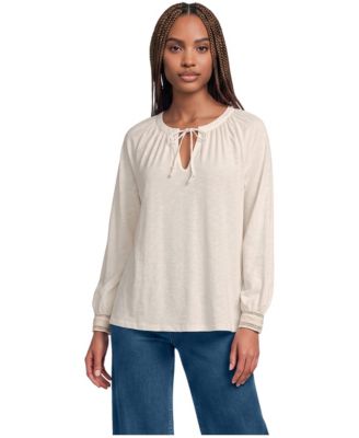 Women's Long Sleeve Slub Jersey Embroidered Sleeve Blouse