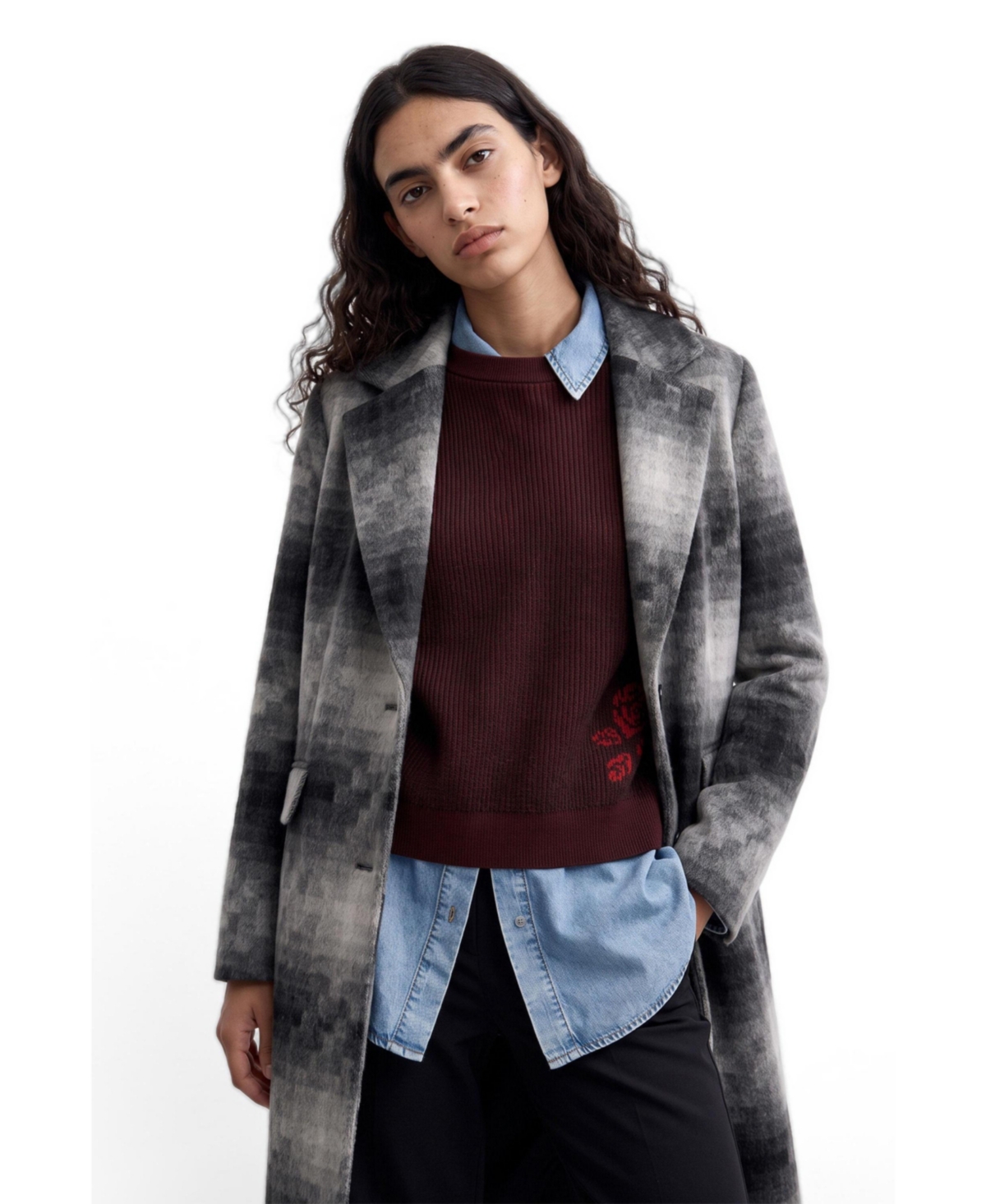 Desigual Women's Long Checkered Coat