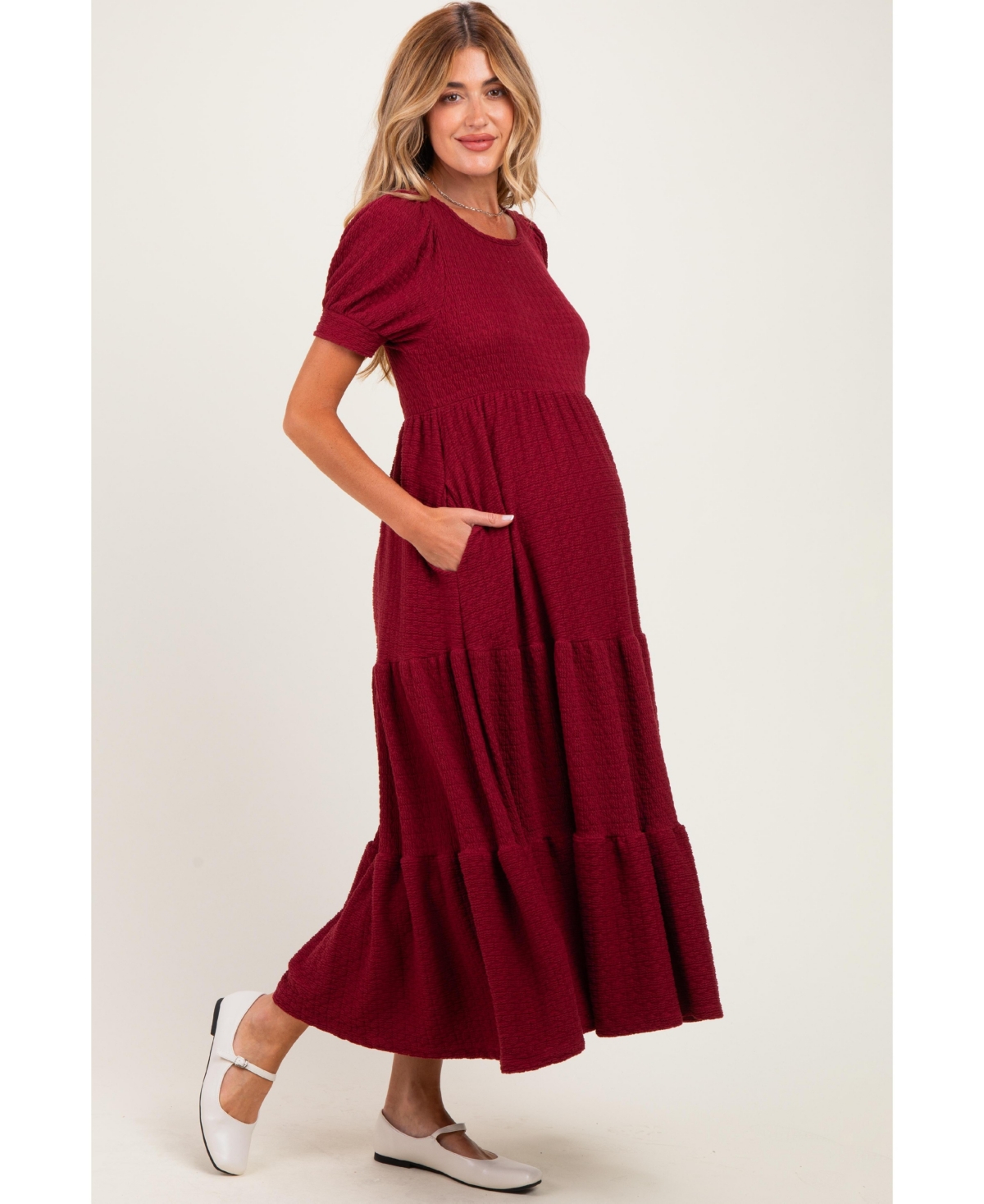 Pinkblush Women's Burgundy Solid Short Sleeve Tiered Maxi Dress - Burgundy