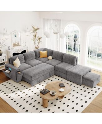 L-Shaped Pull-Out Sofa Bed with Storage, USB and Cup Holders