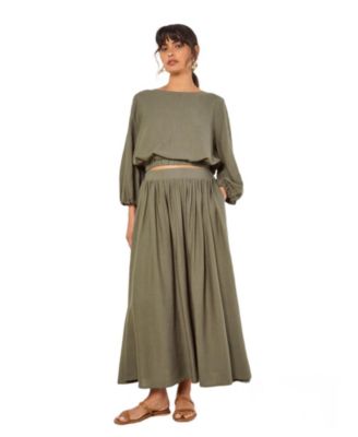 Women's High-Waisted Pleated Linen-Blend Midi Skirt