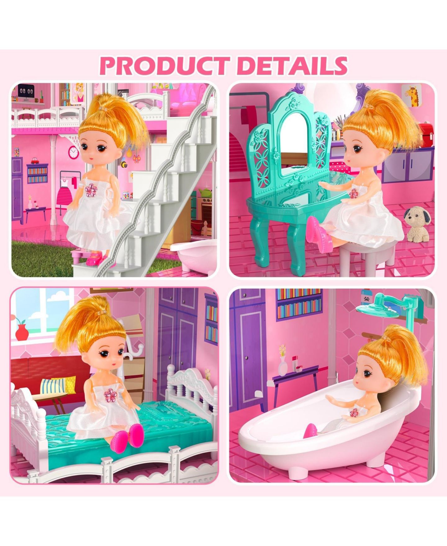 Детские аксессуары для кукол GNUADZ Princess 4-Story DIY Dollhouse with Slide, Includes 2 Dolls and 30+ Furniture Pieces, Ages 3+, цвет: Розовый — фото 2
