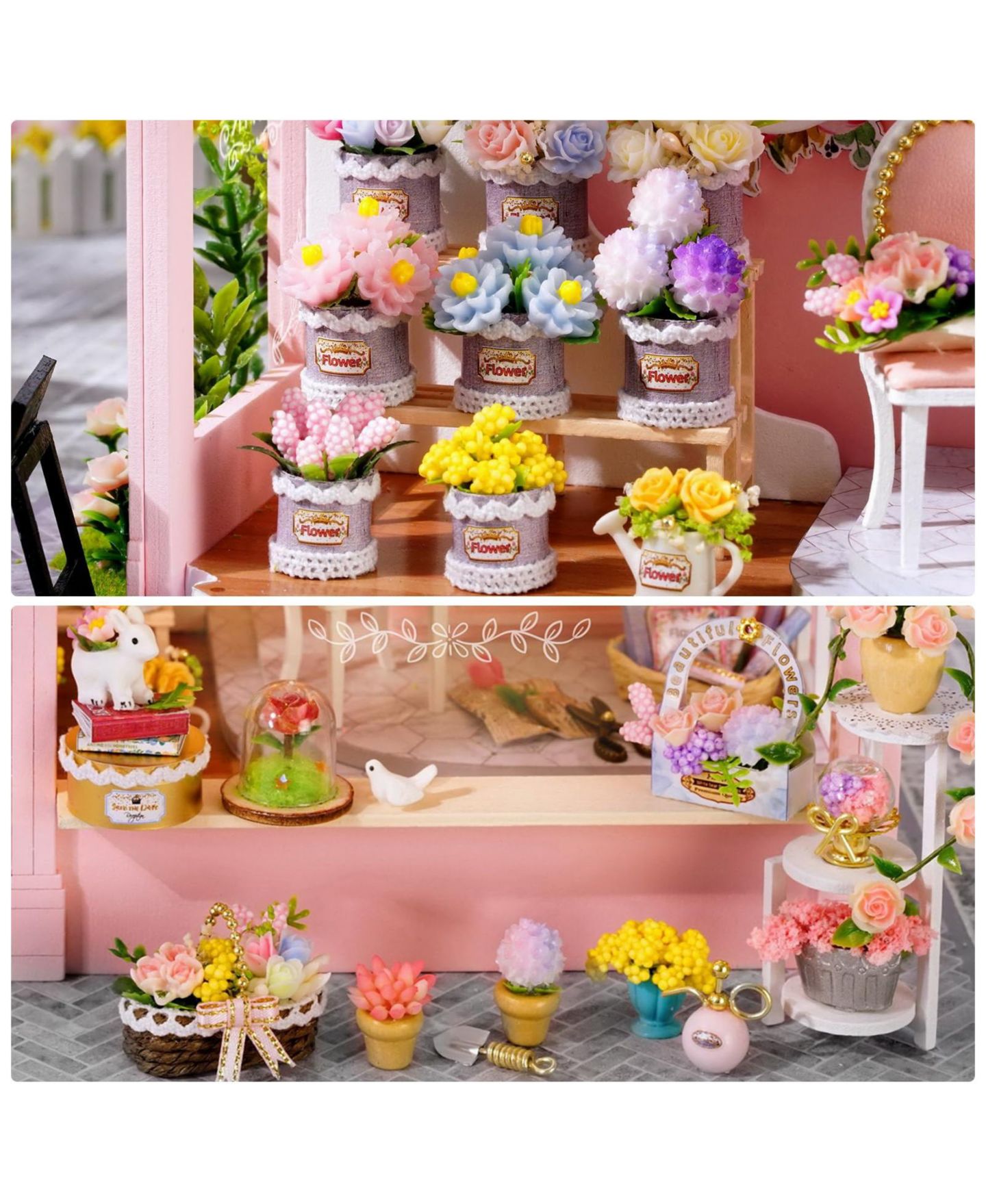 Детские аксессуары для кукол GNUADZ Diy Miniature Dollhouse Kit with LED Lights, 9.3" L x 6.9" W x 7.4" H, Ages 14+, цвет: Розовый — фото 5