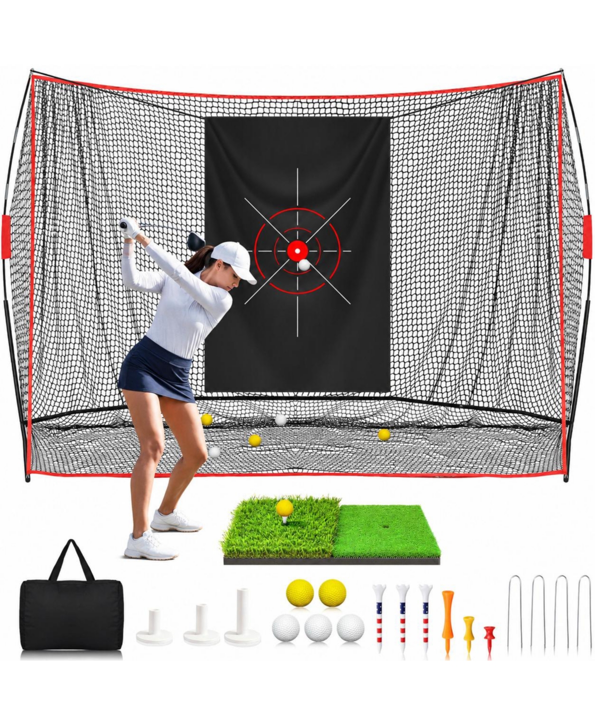 Peneyon 10x7ft Heavy Duty Golf Practice Net Set With Mat And Carry Bag