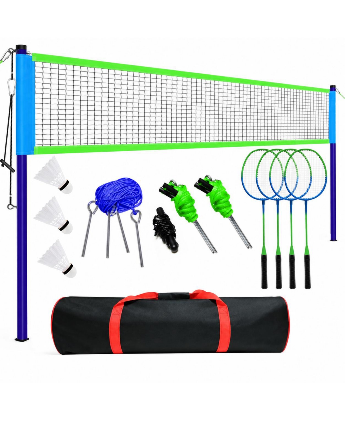 Peneyon 20ft Backyard Badminton Set 4 Rackets Net Poles Shuttlecocks Carry Bag