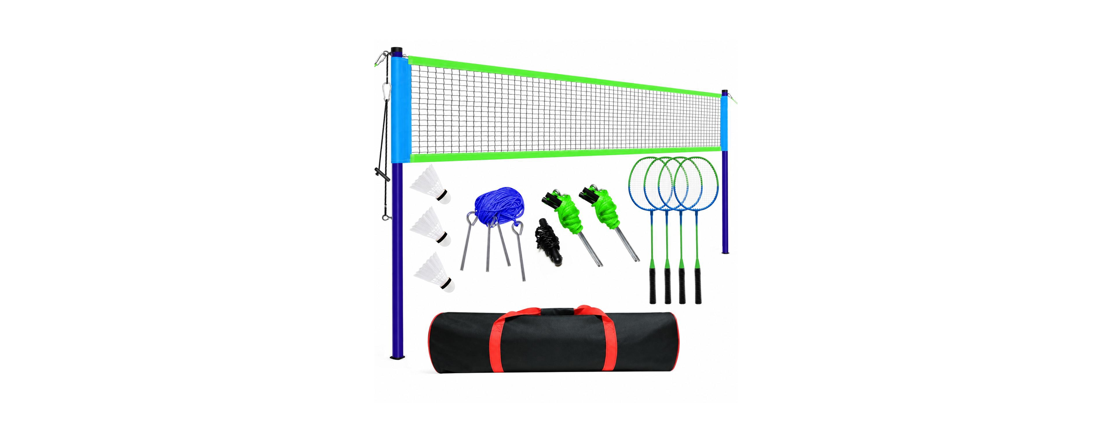 Peneyon 20ft Backyard Badminton Set 4 Rackets Net Poles Shuttlecocks Carry Bag