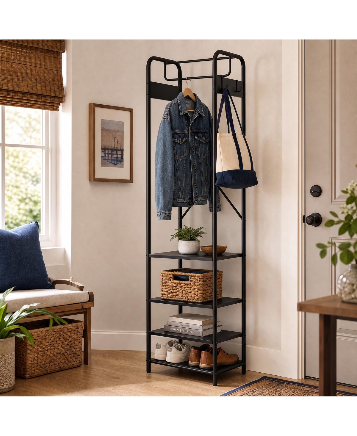homfan Freestanding Garment Rack With Hooks and 3-Tier Storage Shelves, Metal Frame Clothing For Bedroom Entryway