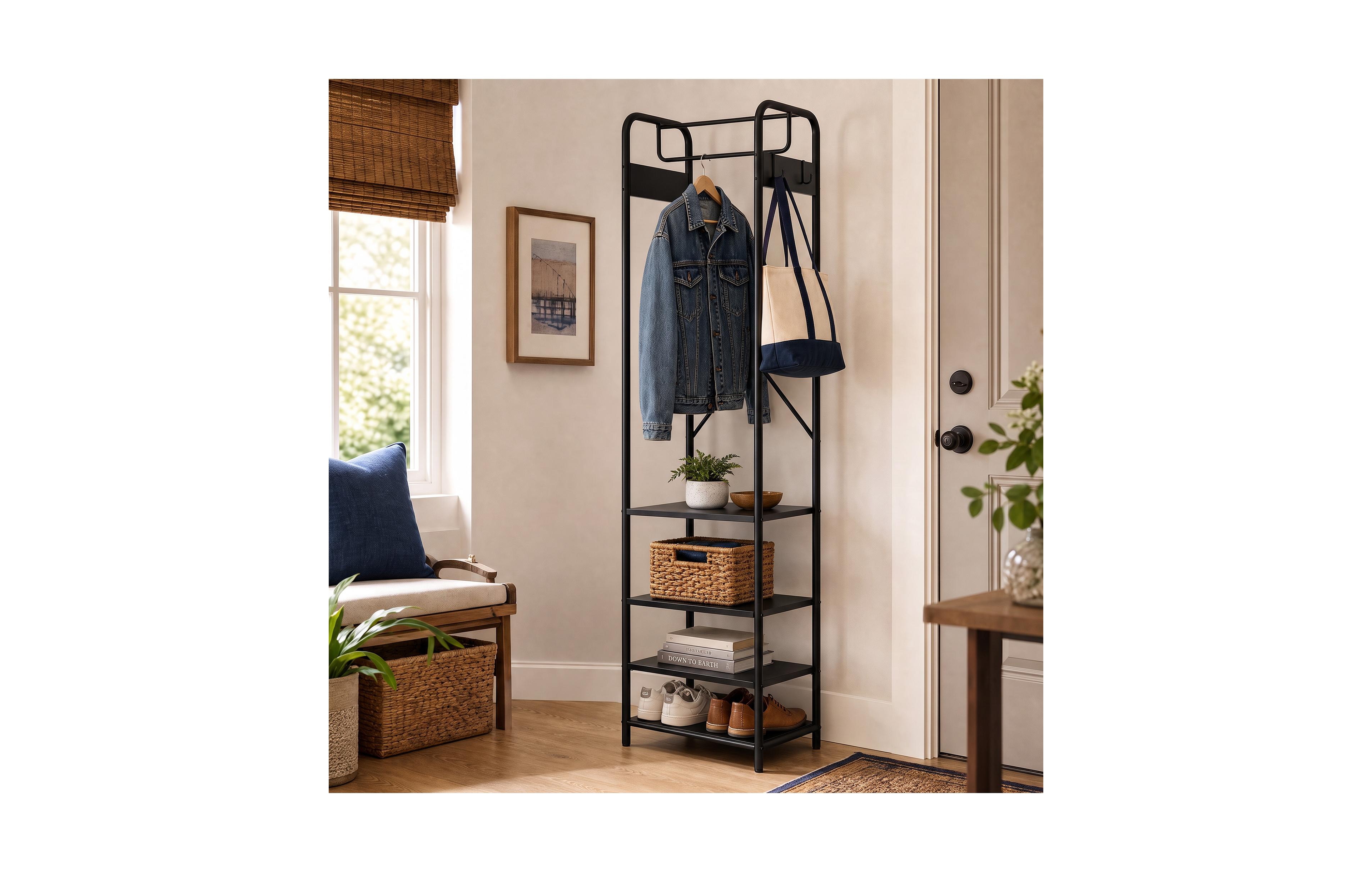 homfan Freestanding Garment Rack With Hooks and 3-Tier Storage Shelves, Metal Frame Clothing For Bedroom Entryway