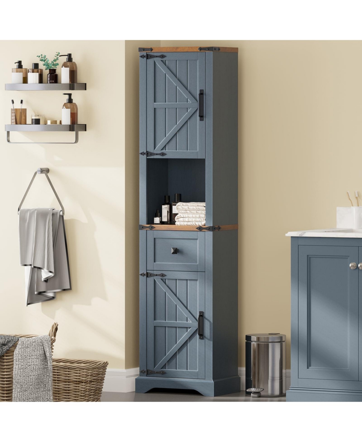 Vabches 66-in H Tall Farmhouse Bathroom Storage Cabinet with Barn Doors, Narrow Unit, Adjustable Shelves and 5-Tier Space