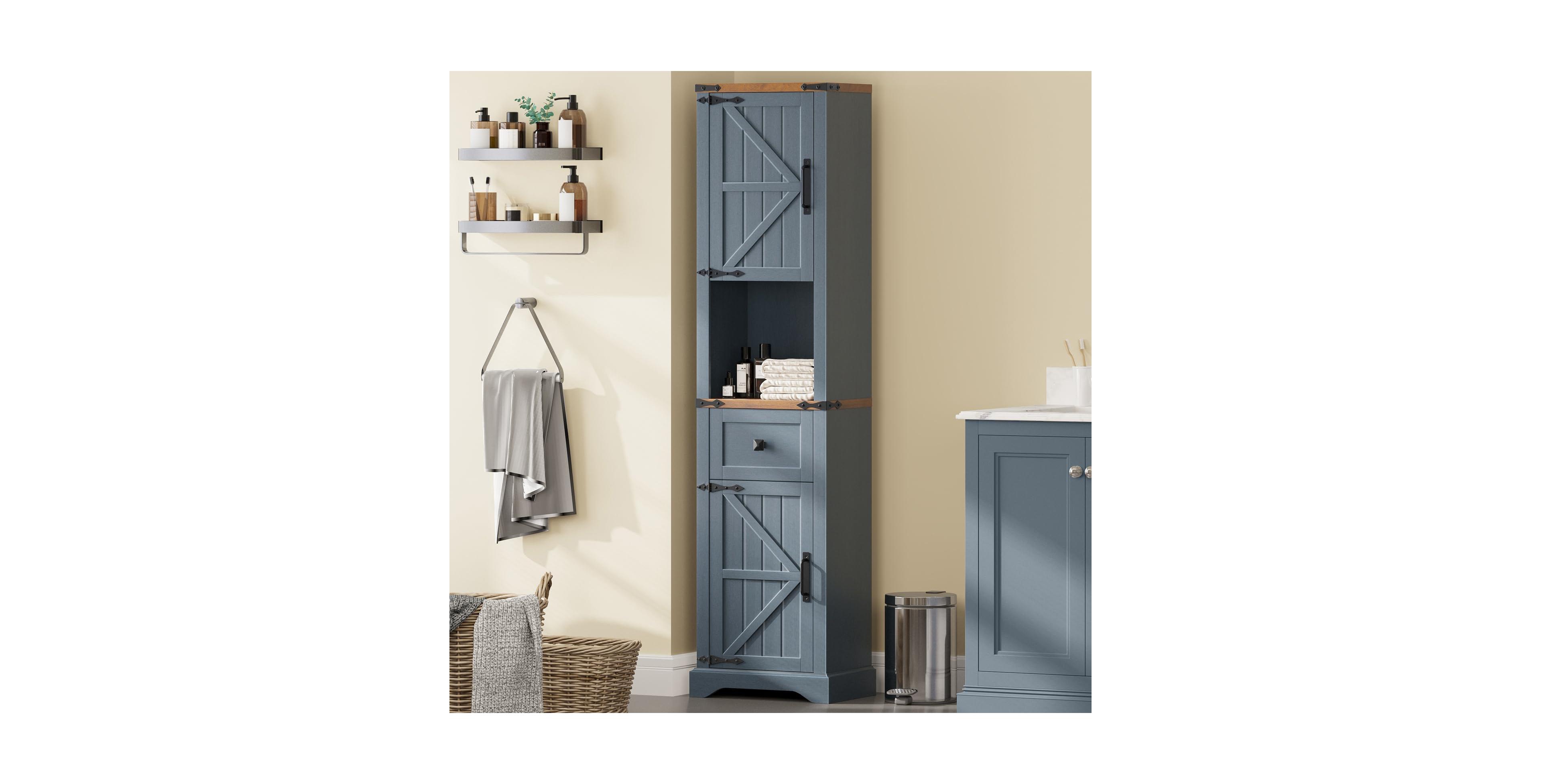 Vabches 66-in H Tall Farmhouse Bathroom Storage Cabinet with Barn Doors, Narrow Unit, Adjustable Shelves and 5-Tier Space