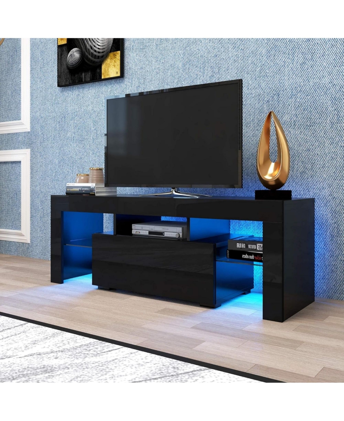 Flynama High Gloss Uv Led Tv Console, Flip Door Glass Shelf Stand for Up to 55 Inch Tv