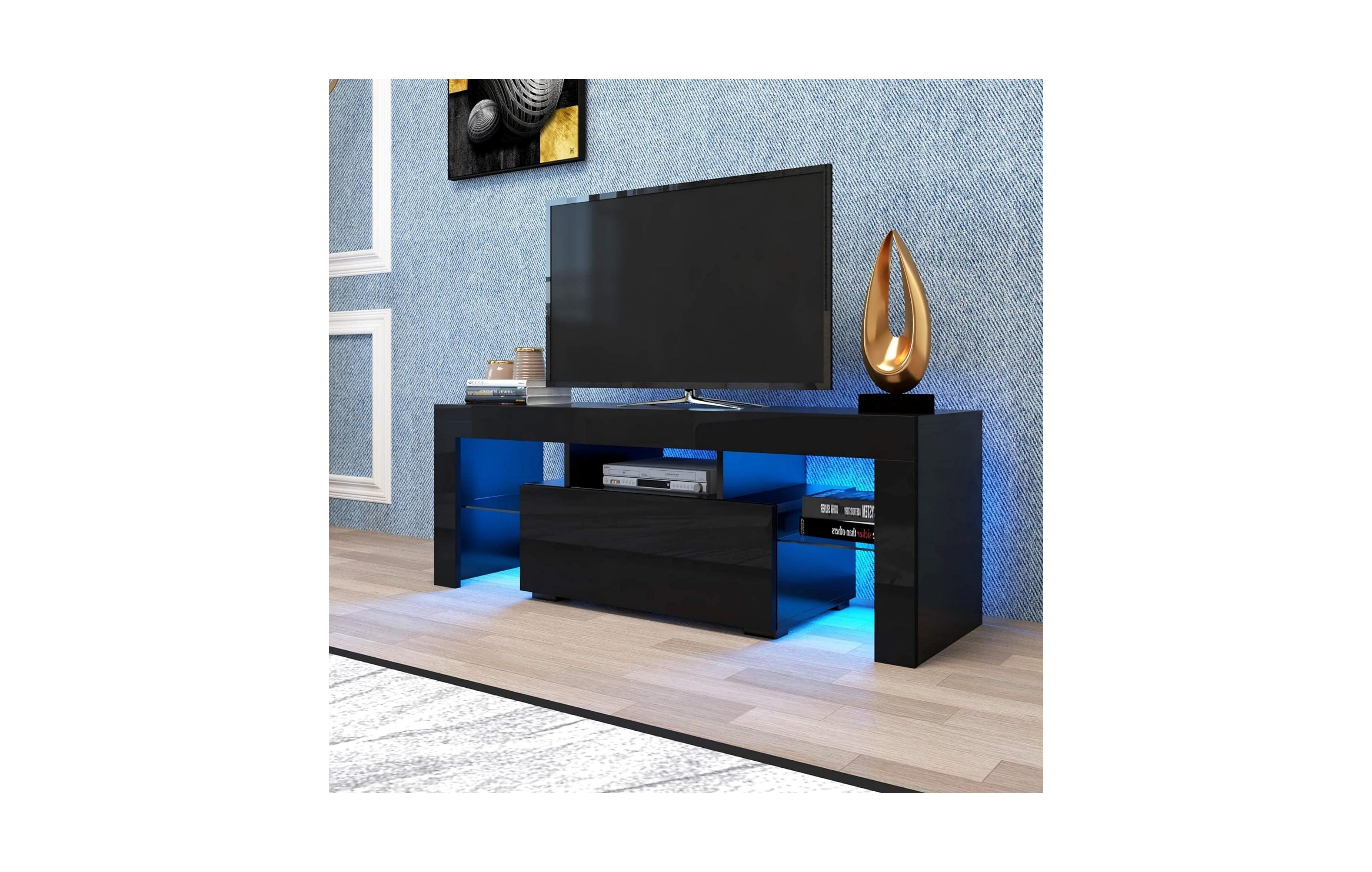 Flynama High Gloss Uv Led Tv Console, Flip Door Glass Shelf Stand for Up to 55 Inch Tv