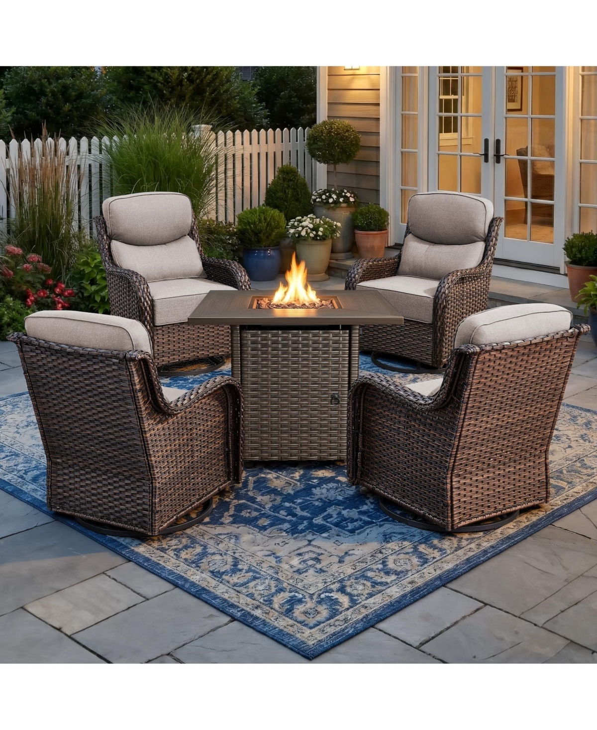 Bellefurn 4 - Person Patio Furniture Chair Set with Fire Pit Table, Swivel Glider Chairs 6-Inch Cushions and Side Table