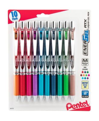EnerGel RTX Retractable Liquid Gel Pen, (0.7mm) Medium Line, Metal Tip, Assorted Ink, 10-Pk
