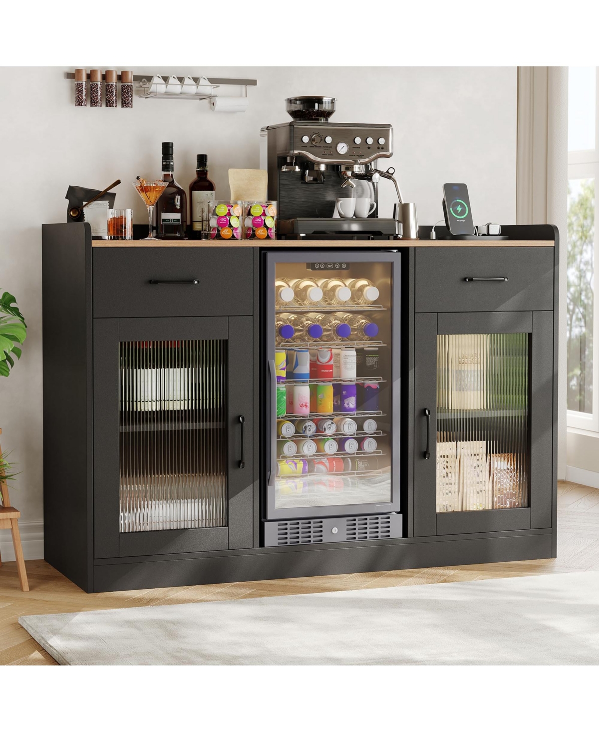 gaomon 53.15 Inch Particle Board, Mdf and Acrylic Wine Bar Cabinet with Mini Fridge Space Power Outlet