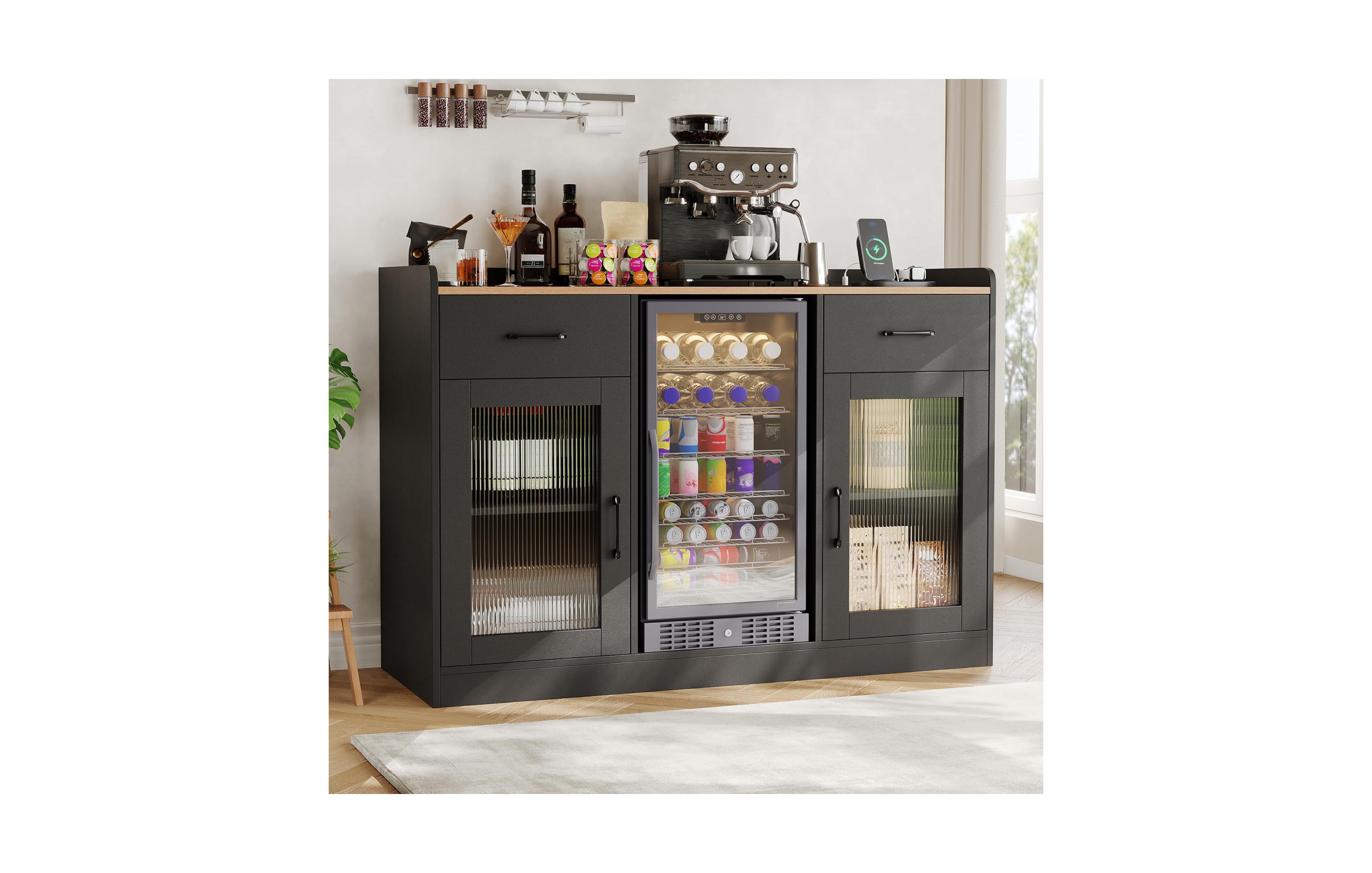 gaomon 53.15 Inch Particle Board, Mdf and Acrylic Wine Bar Cabinet with Mini Fridge Space Power Outlet