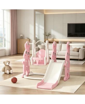 Rabbit-Themed Slide and Swing Set with Climber & Basketball Hoop, 66 lbs., Ages 18-48 Months