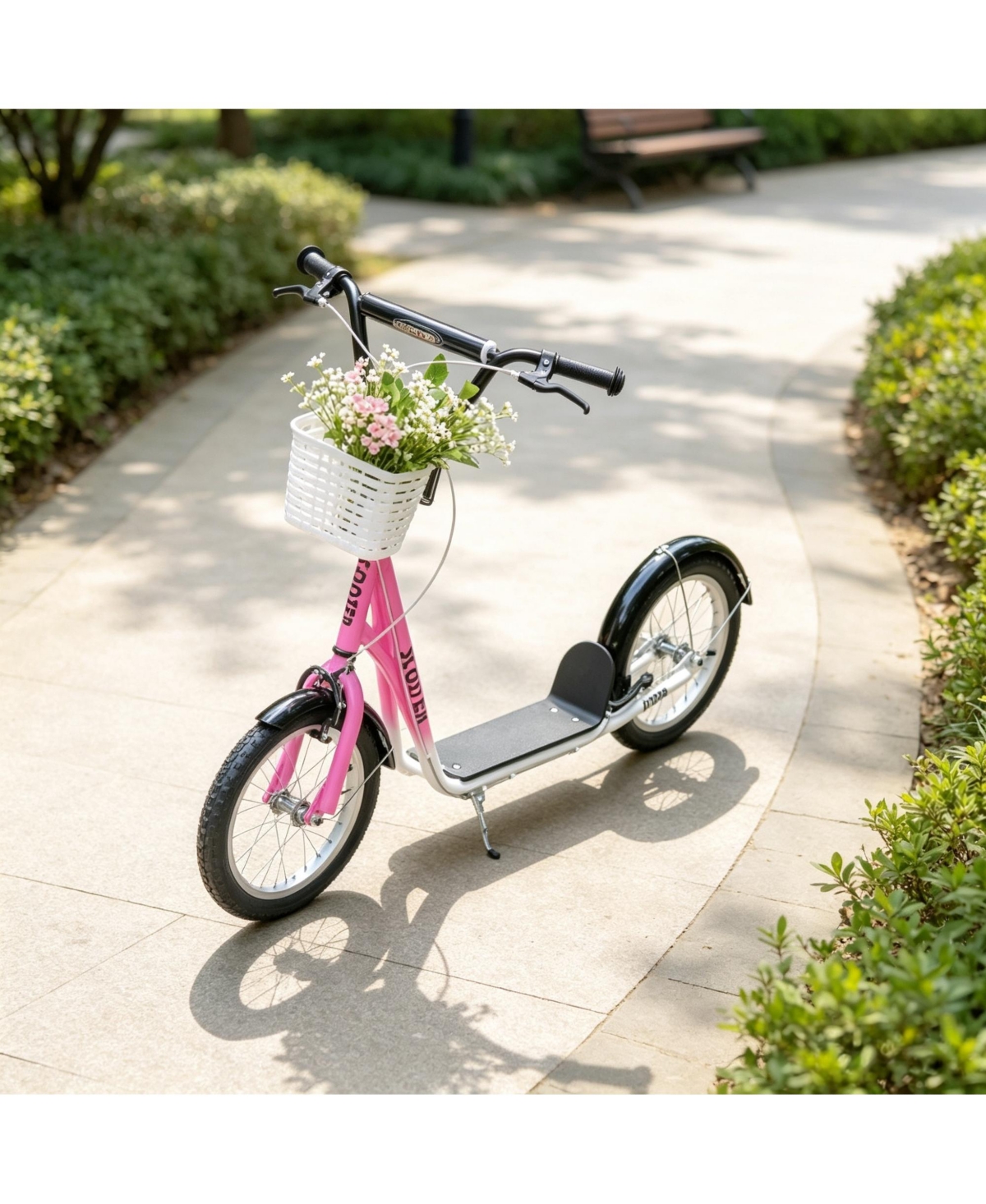 Sevorley 16-Inch Youth Kick Scooter with Adjustable Handlebars, Double Brakes, Front Basket and Cup Holder - Pink, black