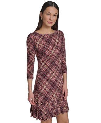 Petite Plaid Ruffled-Hem Boat-Neck Dress