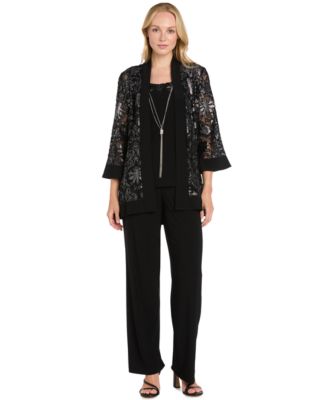 Petite Metallic Jacquard Mother of the Bride Top, Jacket, and Pants, 3-Piece Outfit