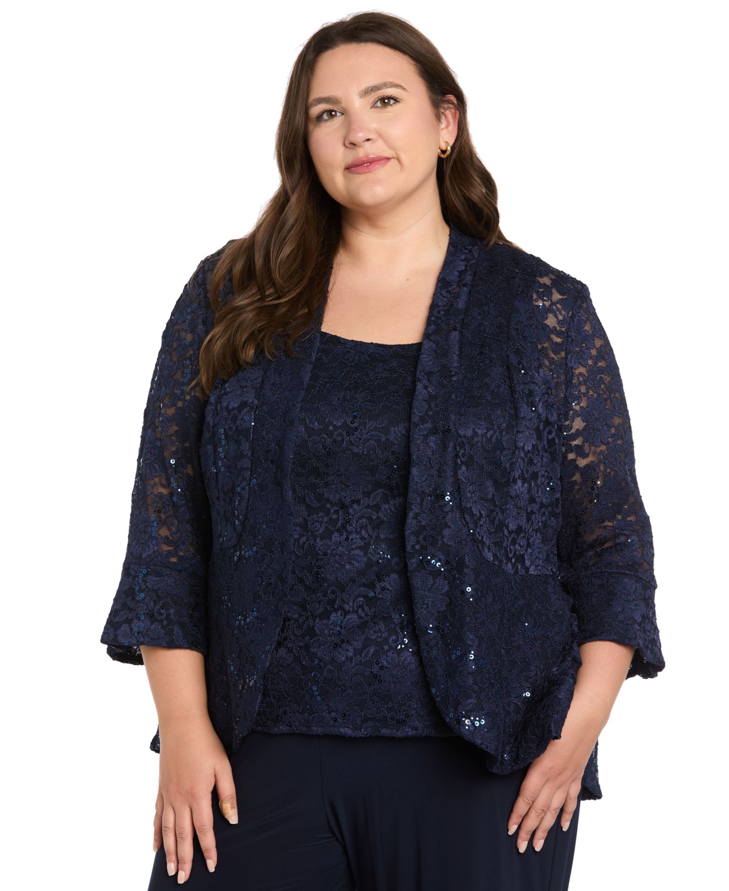 R & M Richards Plus Size Sequin Lace Wide-Leg Jacket, Tank, and Pants, 3-Piece Set, цвет: Тёмно-синий — фото 3