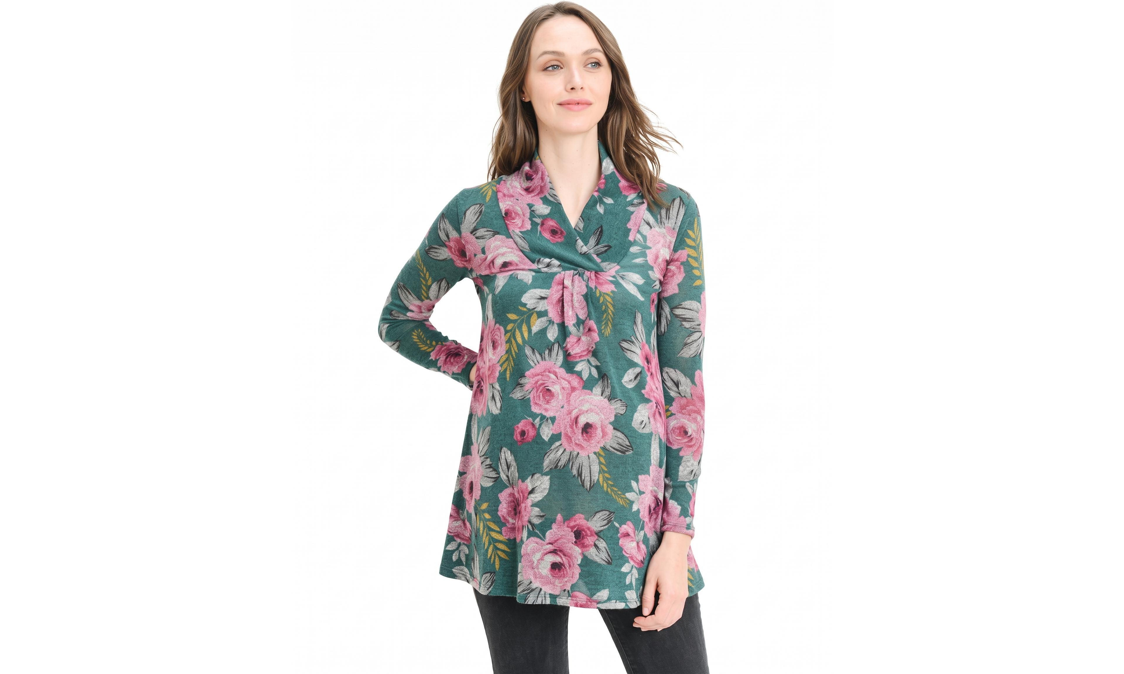 Hello Miz Women's Floral Shawl-Collar Long-Sleeve Sweater
