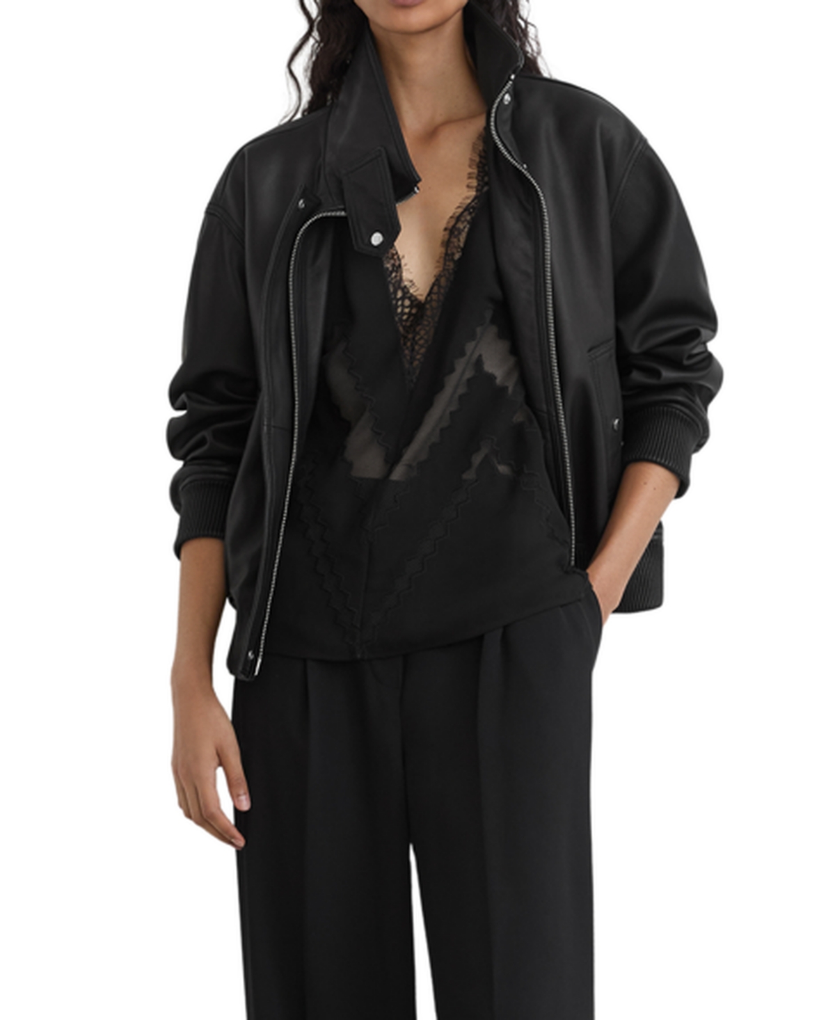 Reiss Women's Cara Oversized Funnel Neck Leather Bomber Jacket - Black
