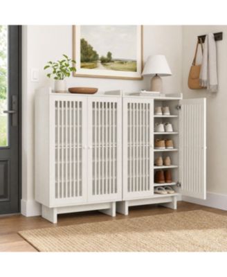 Set of 2 Wooden Shoe Storage Cabinets, 31.5" Wood Grain, Louvered Doors and Adjustable Shelves, Freestanding Shoe and Buffet Organizer