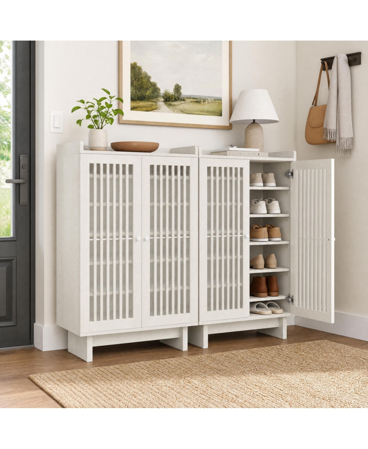 Gaomon Set of 2 Wooden Shoe Storage Cabinets, 31.5" Wood Grain, Louvered Doors and Adjustable Shelves, Freestanding Shoe and Buffet Organizer
