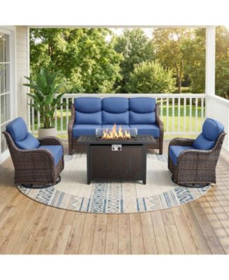 5 - Person Wicker Patio Conversation Set with Fire Pit Table and 6-Inch Luxury Cushions Swivel Chairs, Side Table