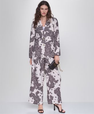 Women's Floral-Print Lace Wide-Leg Blazer and Pants, 2-Piece Set