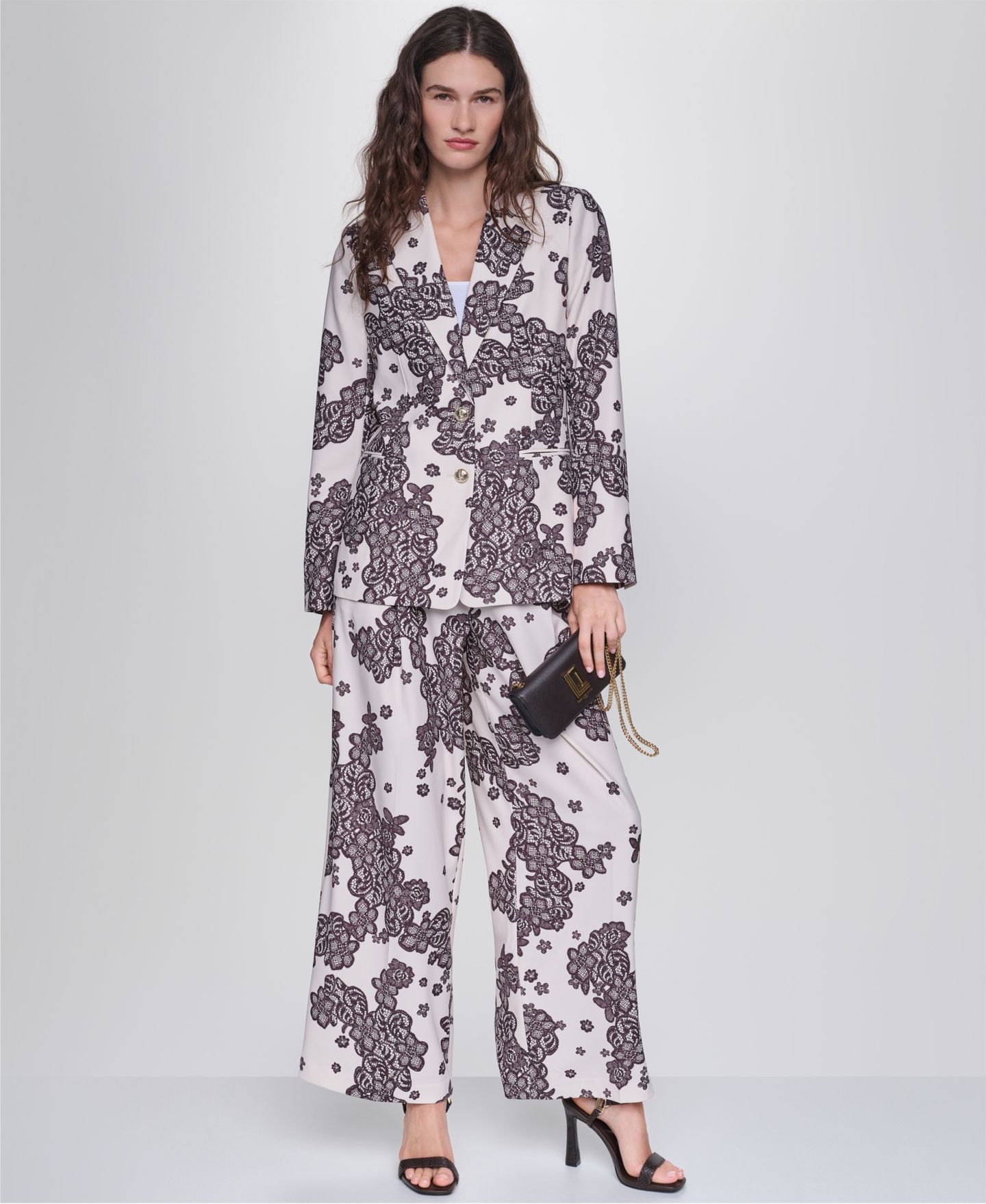Женский пиджак KARL LAGERFELD PARIS Floral-Print Lace Blazer, цвет: Берёзовый / Шоколадный — фото 8