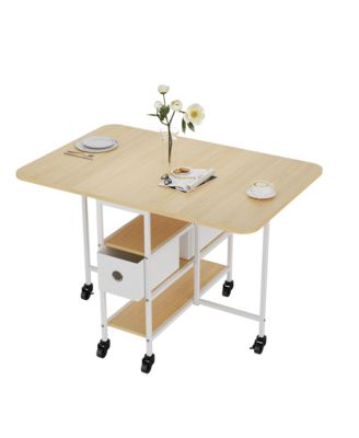 3-in-1 Folding Dining Table for 6, Expandable Drop-Leaf Kitchen Table with Storage, Locking Casters