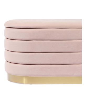 Pink velvet storage bench with gold legs, spacious seat and hidden storage