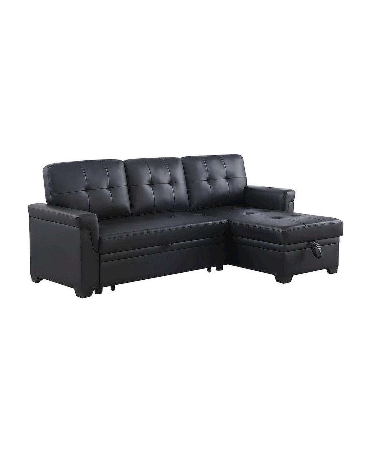 FurniFact Leather-Upholstered Modern Sectional with Reversible Storage Chaise Sleeper - Black