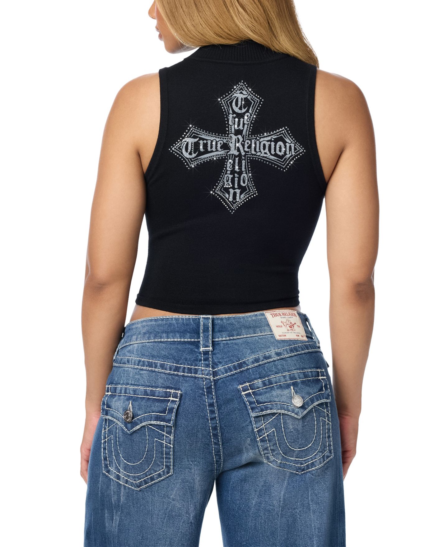 Женский топ True Religion Crystal Mock Neck Sequin Sleeveless Crop, цвет: Угольно-чёрный — фото 3