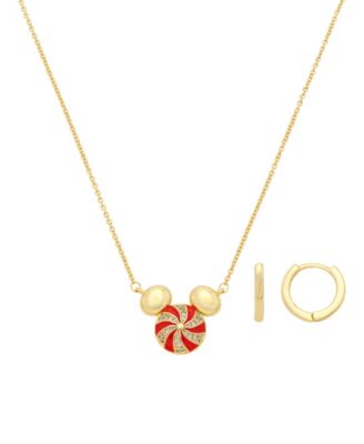 Cubic Zirconia Gold-Tone Mickey Peppermint Huggie Hoop Pendant Necklace and Earrings Set