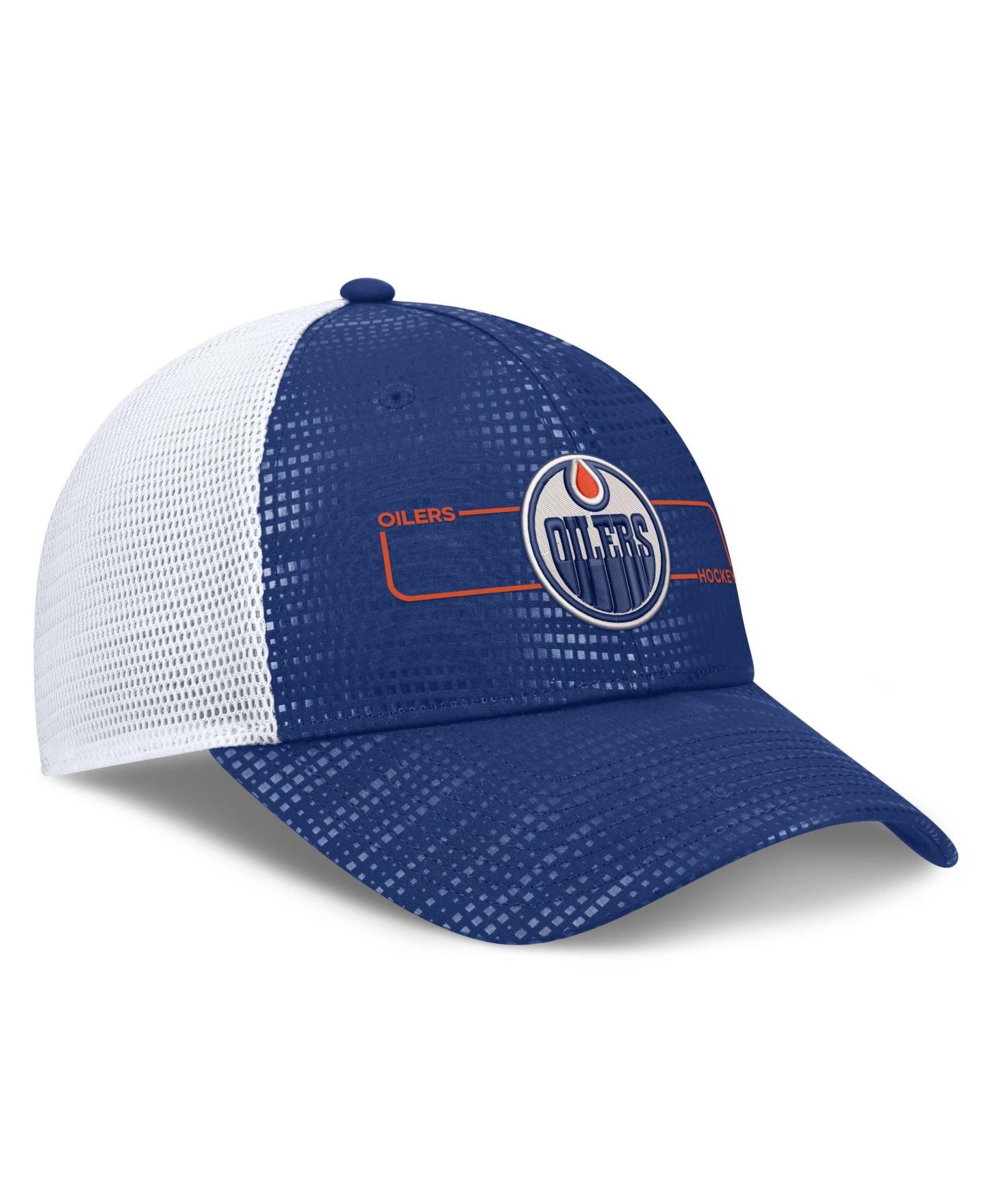 Мужская кепка Fanatics Royal Edmonton Oilers Authentic Pro Rink Boxed Logo Trucker Hat — фото 3