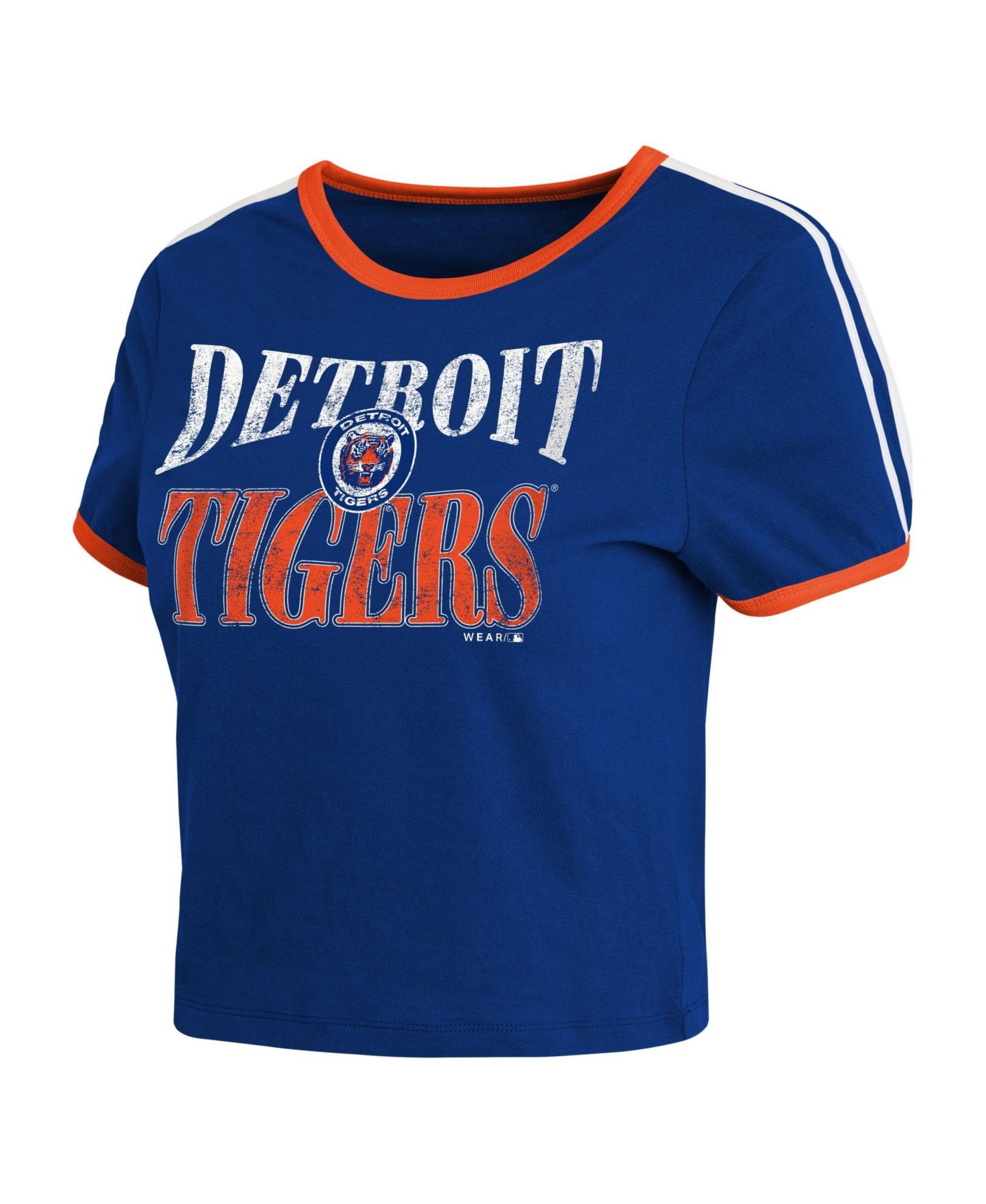 Женская футболка WEAR by Erin Andrews Navy Detroit Tigers Cropped Throwback Ringer Baby T-Shirt — фото 2