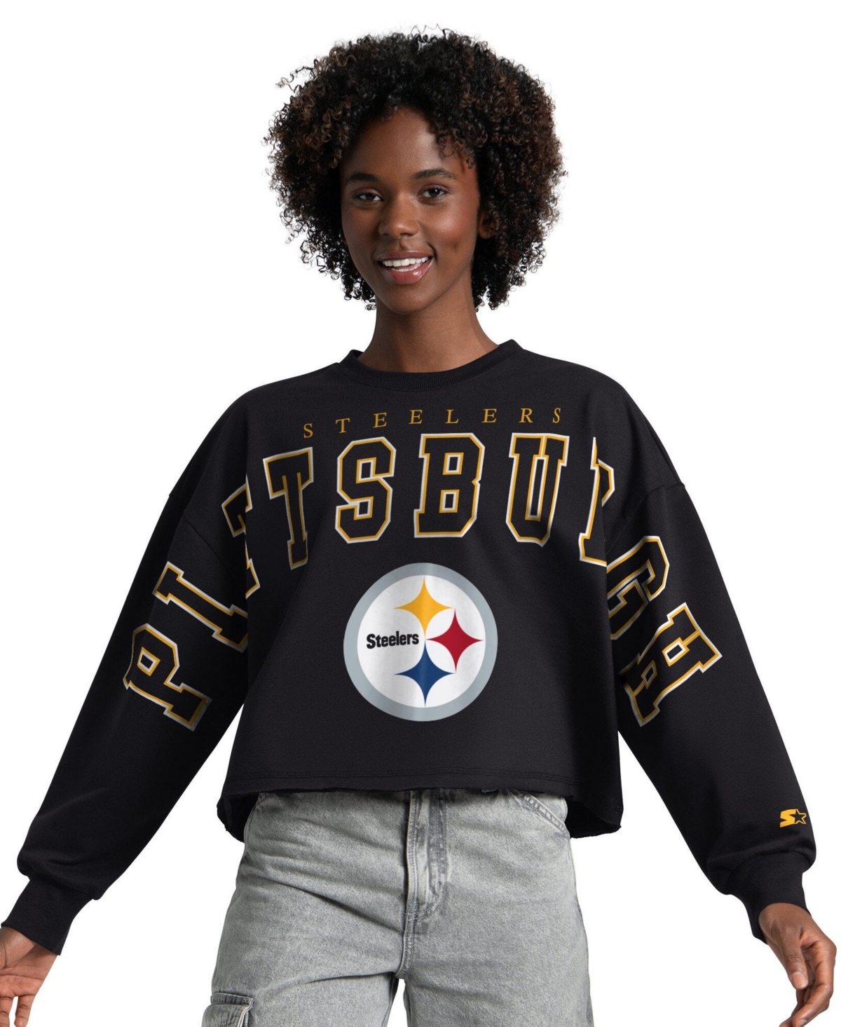 Starter Women's Black Pittsburgh Steelers Bleachers Cropped Sweatshirt