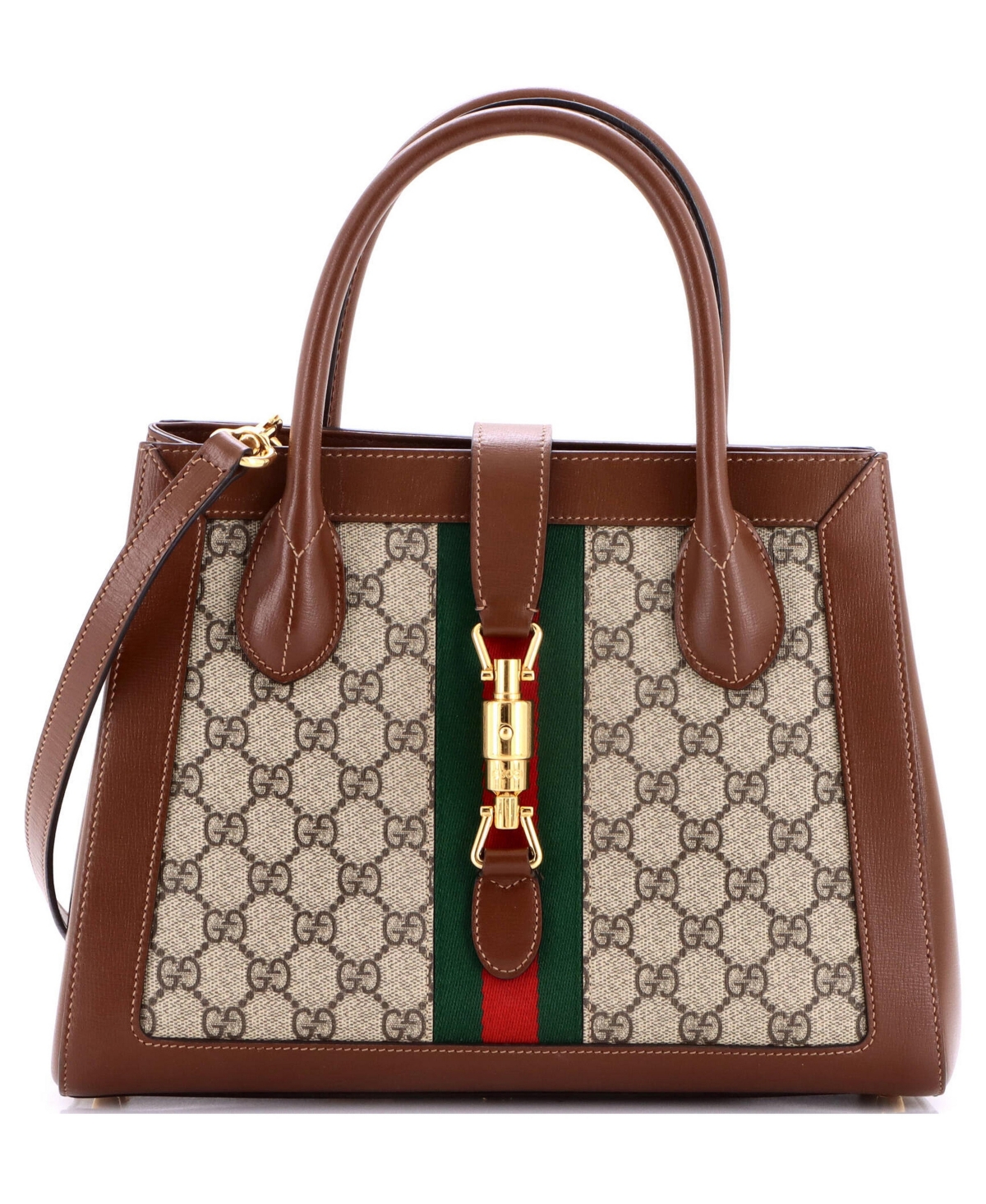 Pre-Owned Gucci Medium Jackie 1961 Web Tote Gg Canvas and Leather - Brown