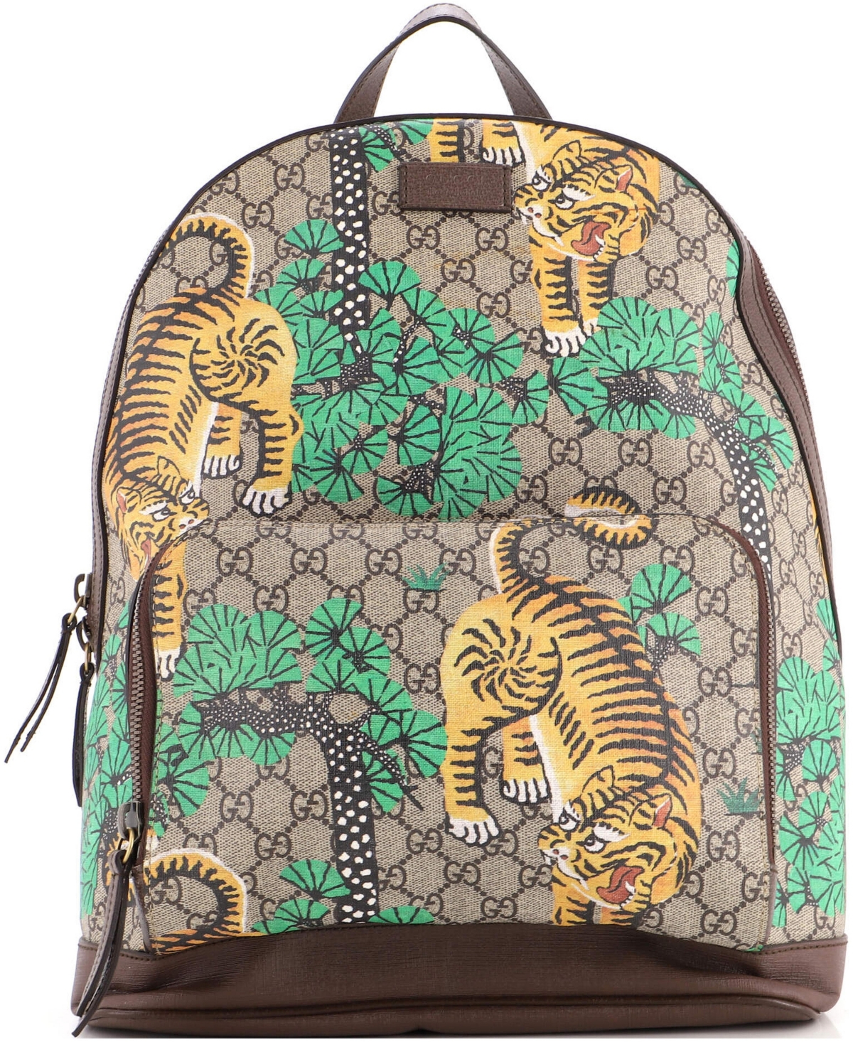 Pre-Owned Gucci Medium Zip Pocket Backpack Bengal Print Gg Coated Canvas