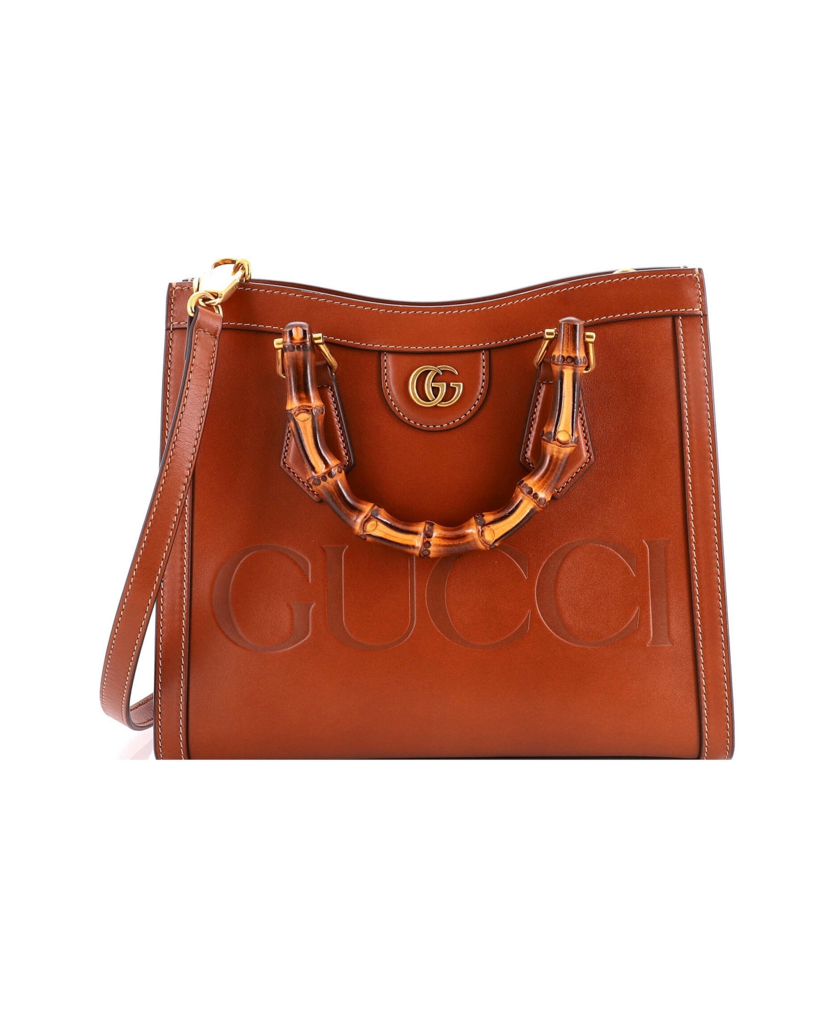 Pre-Owned Gucci Small Diana Nm Logo Bamboo Handle Tote Embossed Leather - Brown