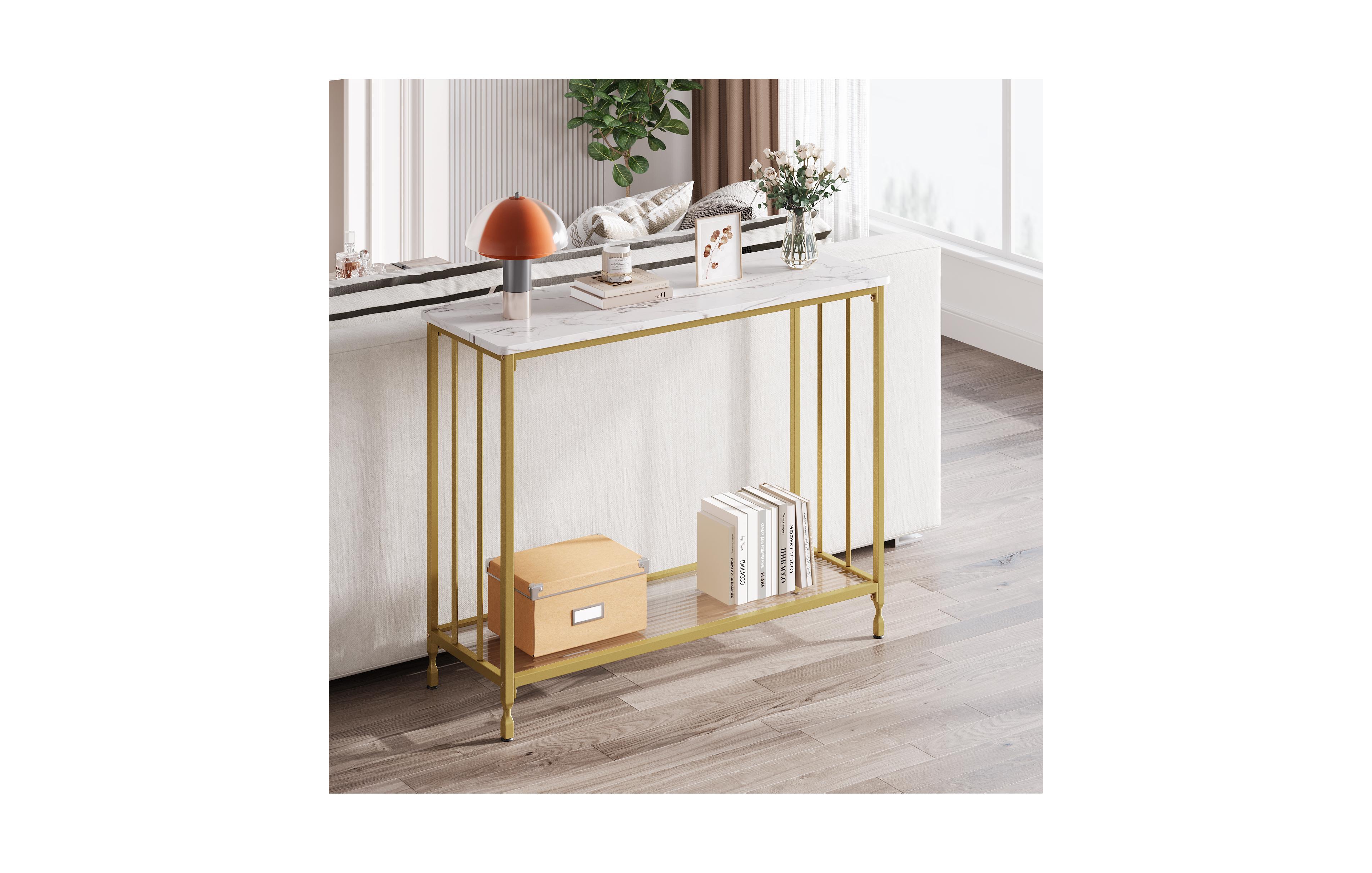 homfan 2-Tier Narrow Console Table with Fluted Glass Shelf, Metal Sofa Table, Modern Entryway Accent Table for Hallway, Foyer, Behind Couch