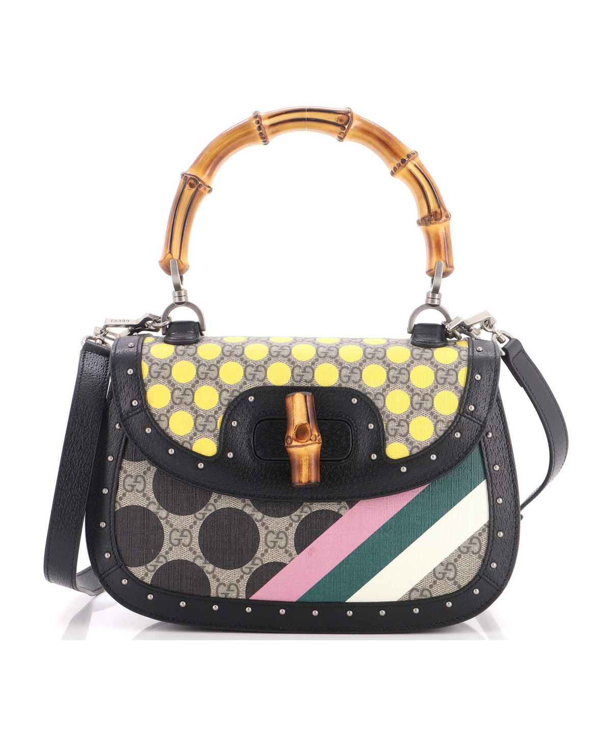 Pre-Owned Gucci Medium Bamboo 1947 Top Handle Bag Printed Gg Coated Canvas and Studded Leather - Black