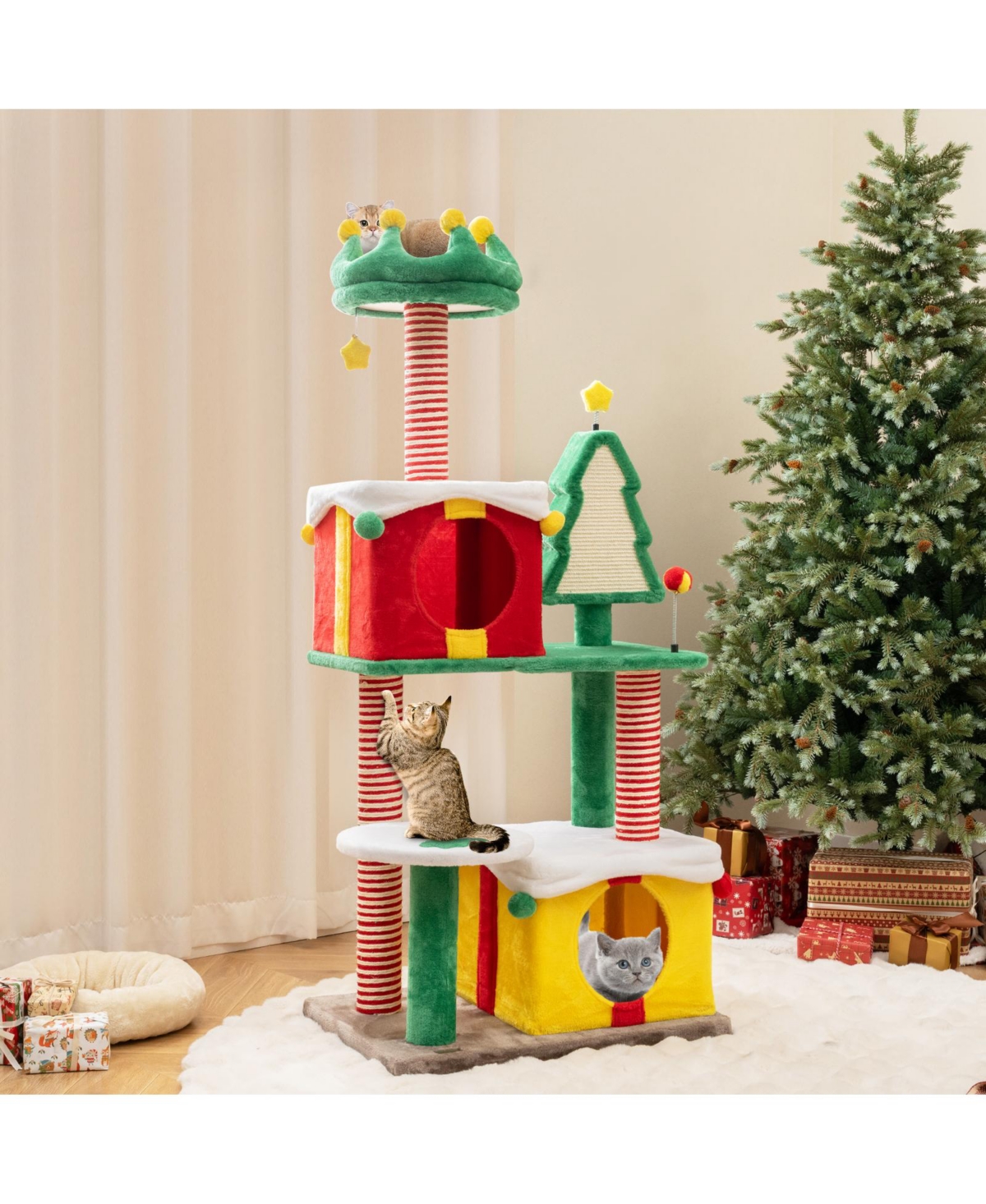 Zeny Christmas Cat Tree with 2 Gift Box Condos, Scratching Posts and Carpet