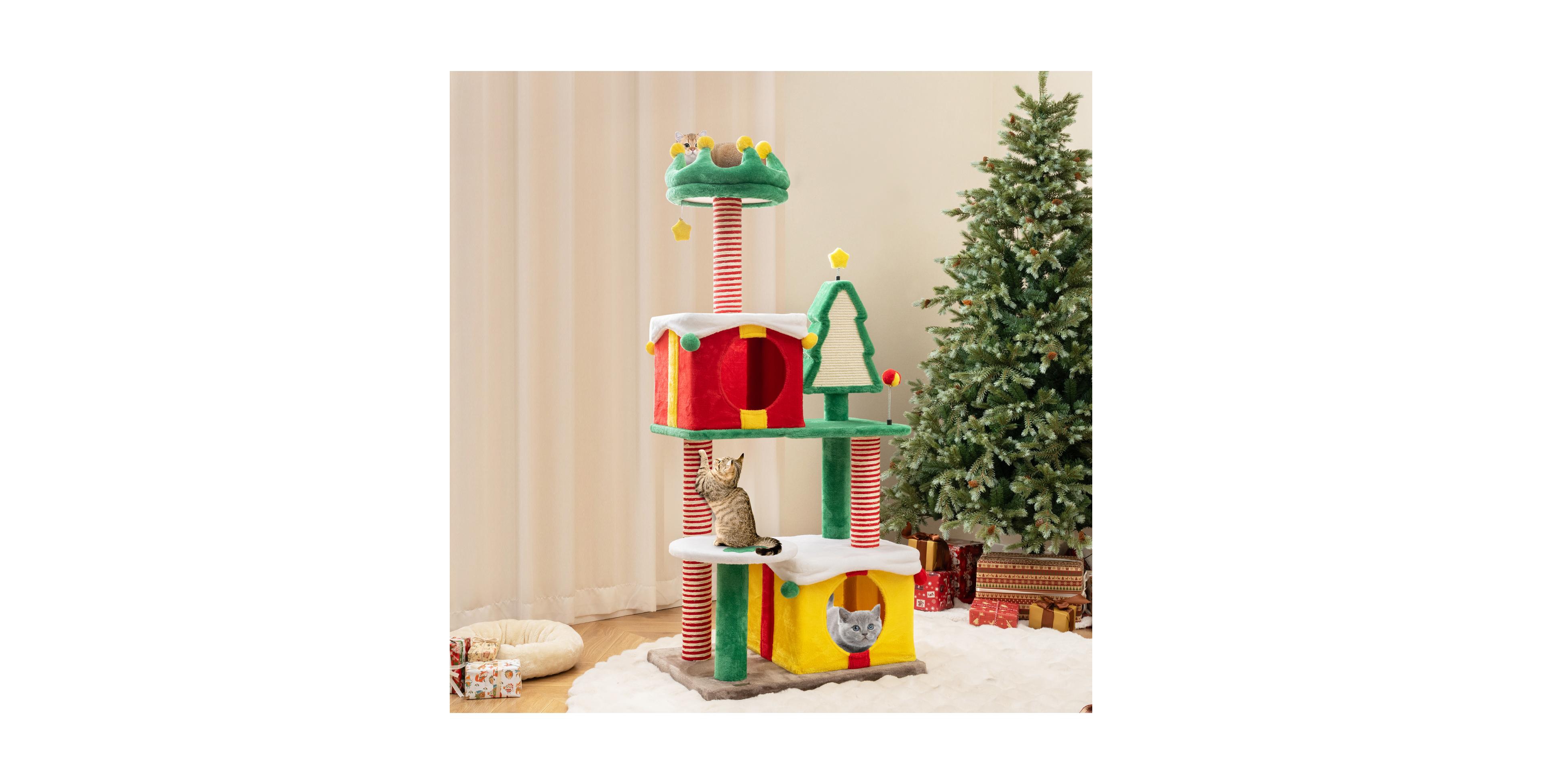 Zeny Christmas Cat Tree with 2 Gift Box Condos, Scratching Posts and Carpet