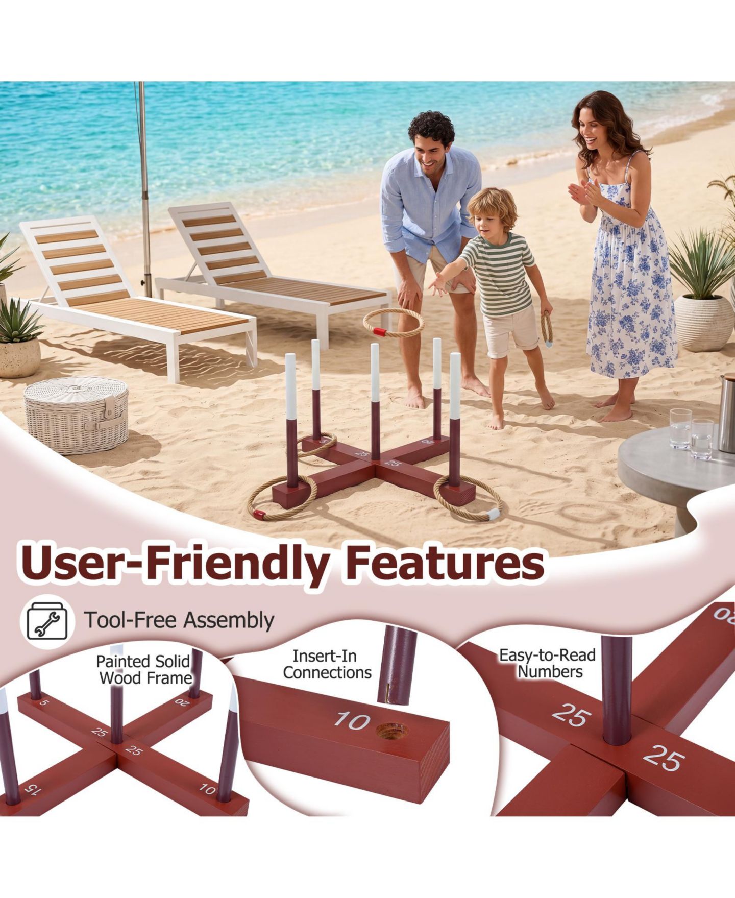 Детские игрушки Costway Ring Toss Game, Wood Lawn Game with 6 Rings, от 3 лет, цвет: Коричневый — фото 9