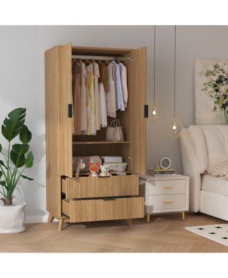 71" Tall Wooden Armoire War drobe Closet with 2 Doors, 2 Drawers, Hanging Rod and Adjustable Shelf, Modern Clothing Storage Cabinet