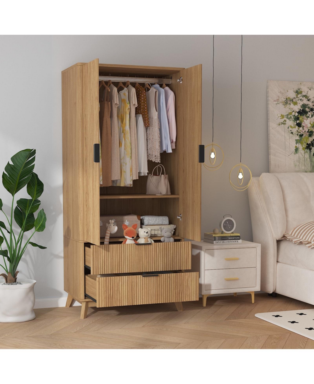 gaomon 71" Tall Wooden Armoire War drobe Closet with 2 Doors, 2 Drawers, Hanging Rod and Adjustable Shelf, Modern Clothing Storage Cabinet